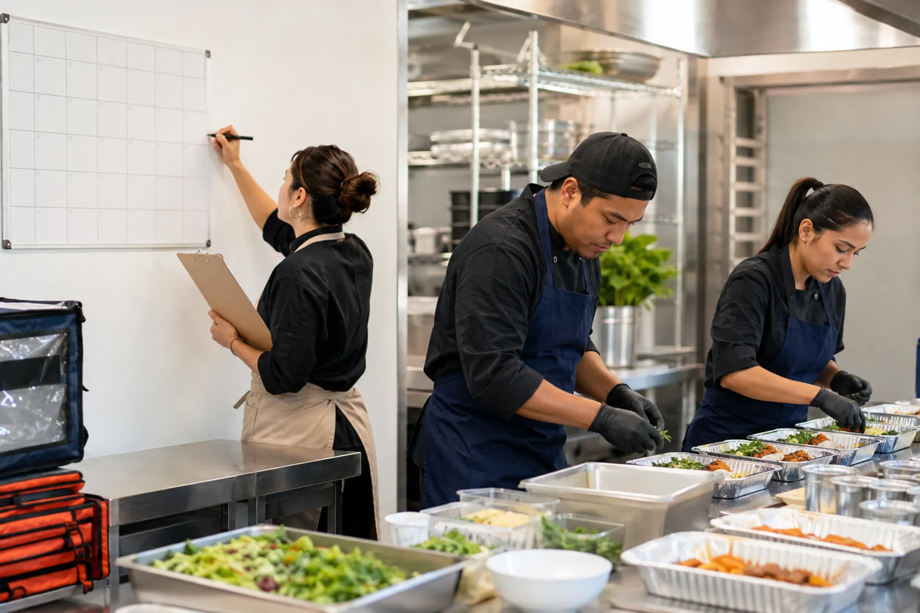 A catering team planning together around a prep table
